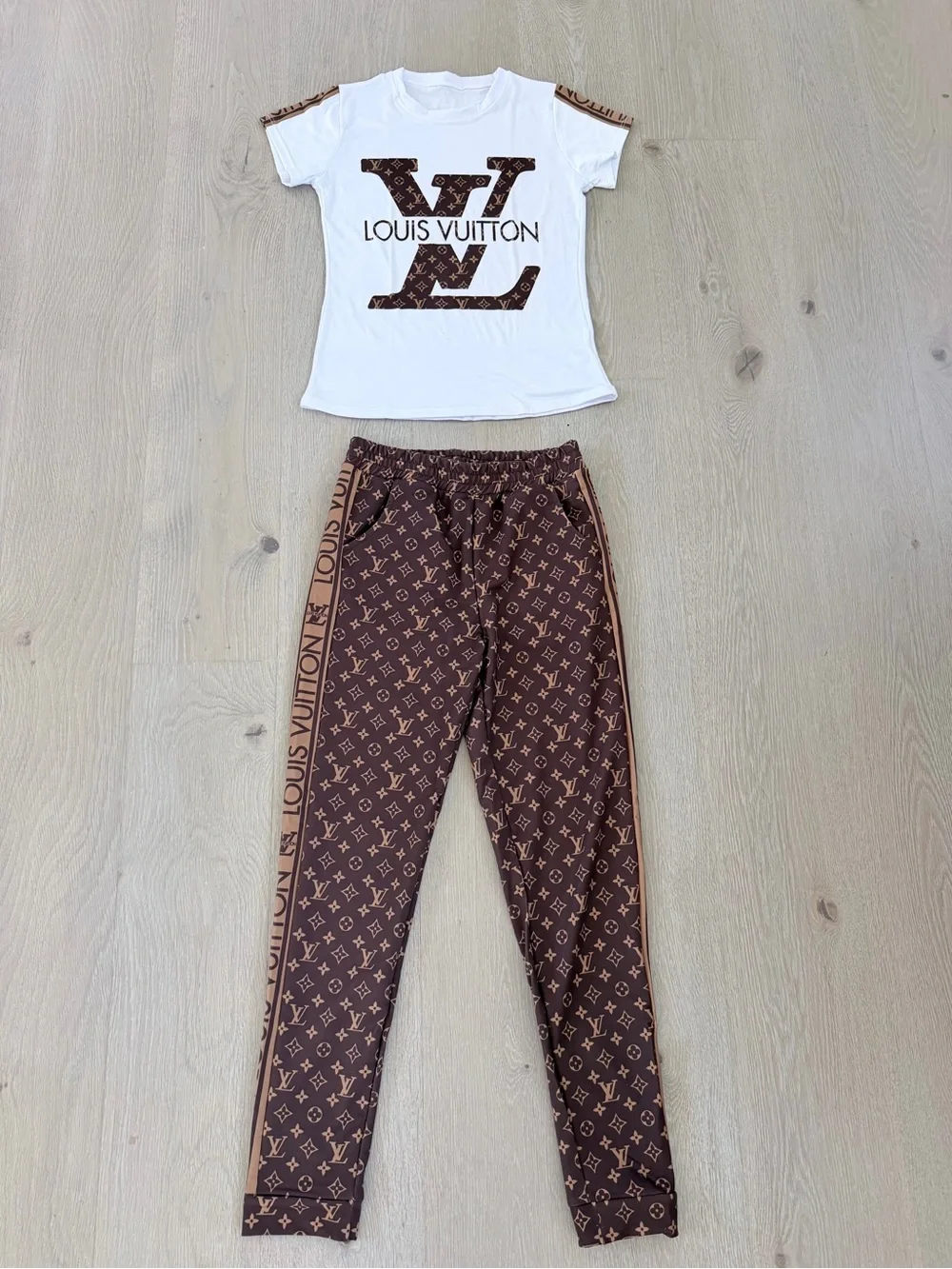Stylish Brown Monogram Side-Stripe Women’s Pants and matching T shirt size M